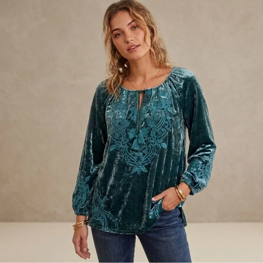 Johnny Was Crushed Velvet Peasant Blouse Teal Embroidered Boho Top Size S Tassel - Picture 1 of 9